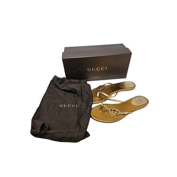 Gucci 36 Miroir Gold Metallic Leather Flip Flop Sandal Thong Logo Dustbag Box - Picture 10 of 12